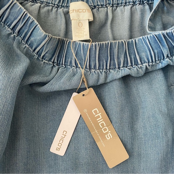 CHICO'S SIZE 0 (US Sz 4) OFF THE SHOULDER EMBROIDERED CHAMBRAY LACE DENIM DRESS - Picture 7 of 14